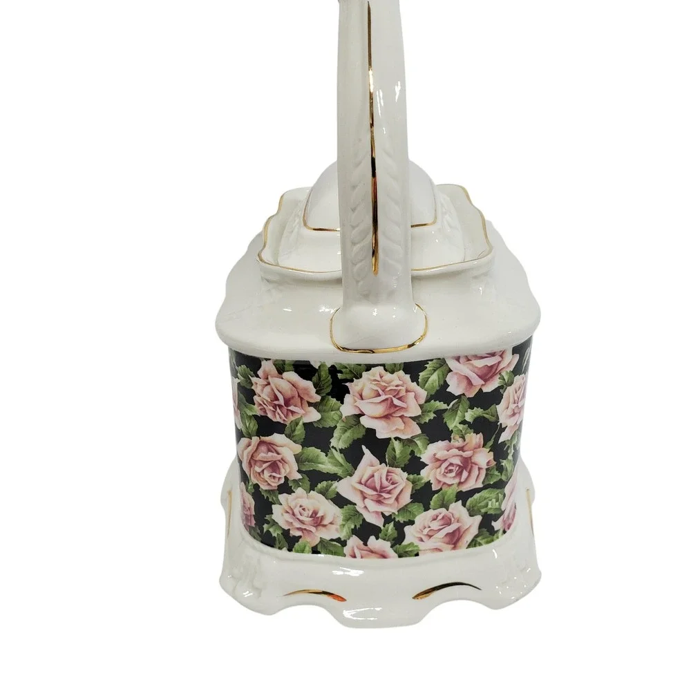 Crown Dorset Teapot Staffordshire England Pink Rose Black‎ Floral Gold Gilt Trim